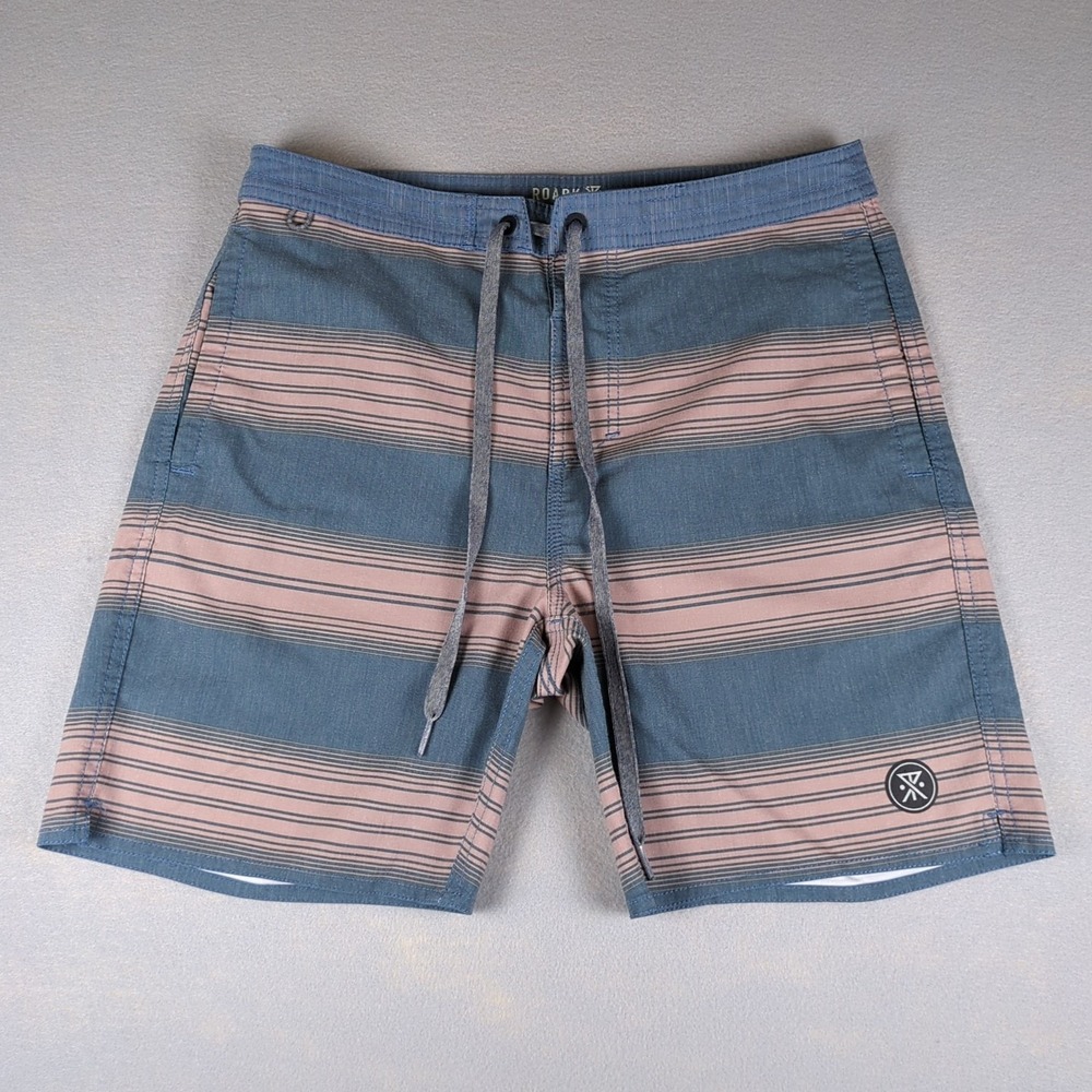 Roark Chiller Board Shorts 7" Mens 28 Blue Pink Striped Swim Trunks with Pockets